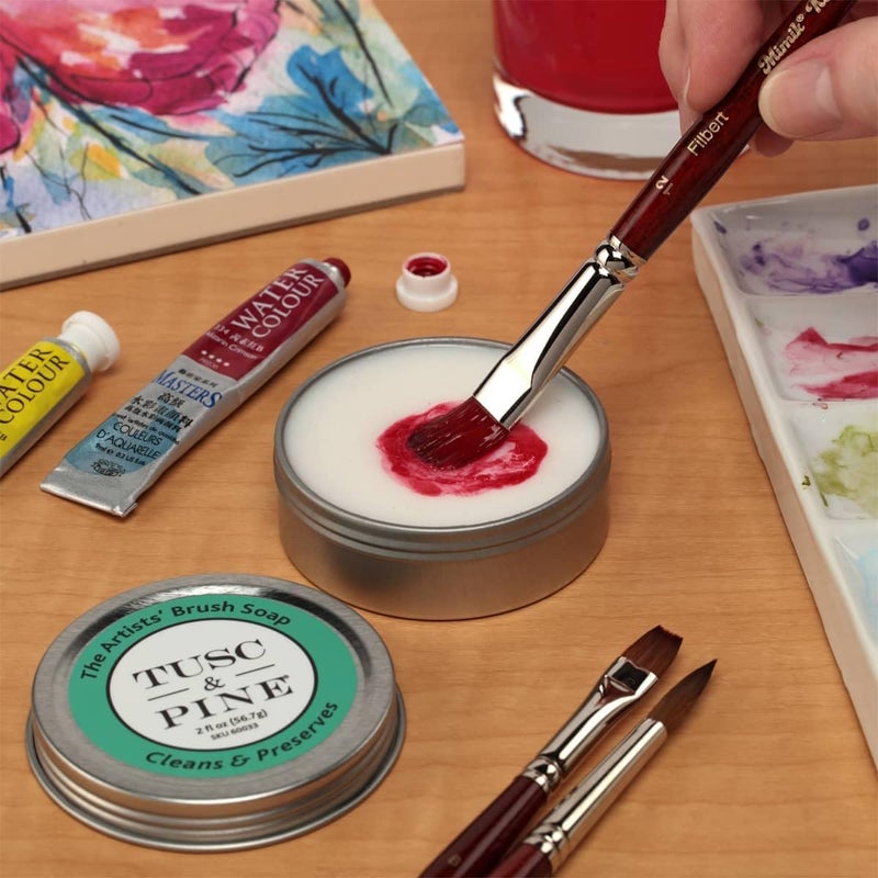 Tusc & Pine The Artists' Brush Soap - 2oz and 12 oz Set - Plant-Based Brush Cleaner, Oil, Acrylic, Watercolor Paint - Nourishes Bristles; Made in North Carolina; Alkali Soap, Gentle Pine Fragrance - Image 4